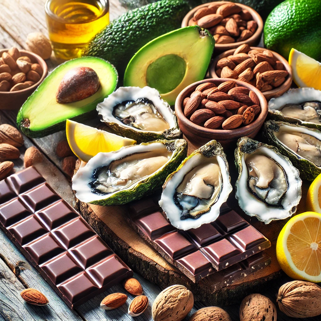 Assortment of libido-boosting foods including oysters, dark chocolate, and avocados