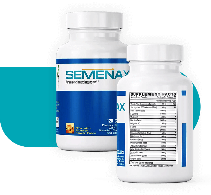 Bottle of Semenax supplement, a natural product designed to support male health and enhance reproductive performance.